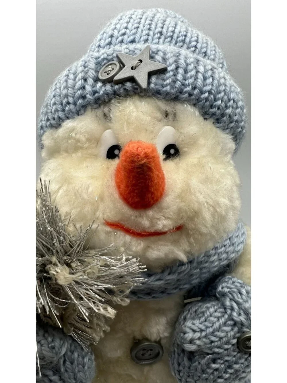 Plush Snowman Decoration With Knit Hat & Scarf Button Details And Silver Accents